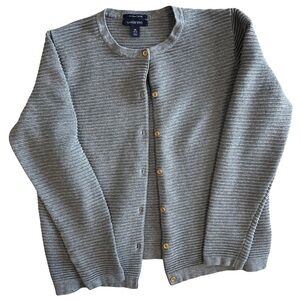 Land’s End 100% Supima Cotton Gray Ribbed Preppy Cardigan Gold Buttons Size M